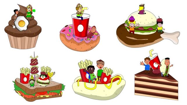 Carnival animation in cartoon style with people parading on floats and in food costumes on a white background, party, art, 2D.