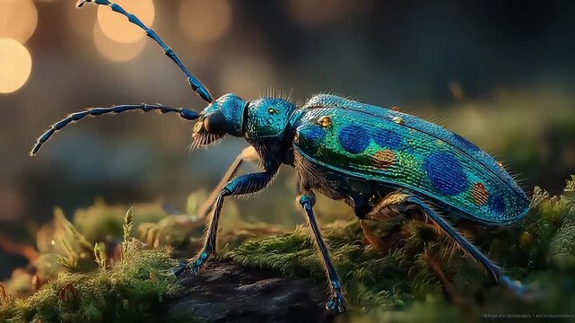 A stunning close-up of a blue beetle on moss, evoking wonder and curiosity in nature photography.