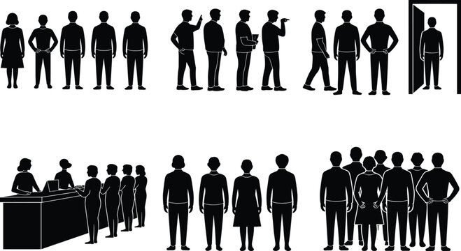 People standing in line silhouette set, queue at reception desk, group waiting for service or entry, flat vector flavector, isolated.