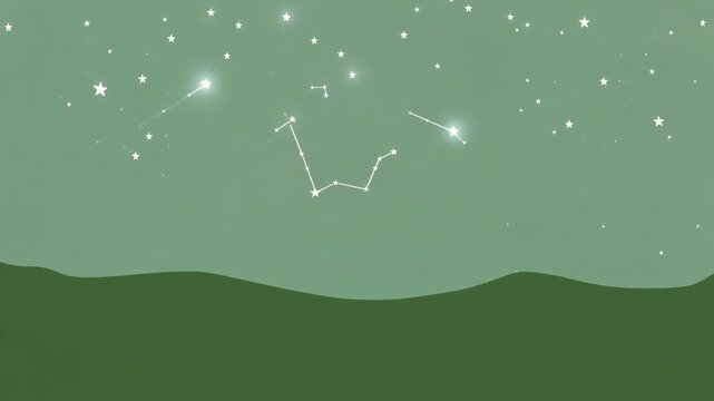 Night sky with glowing constellations and stars over green hills peaceful astronomy scene