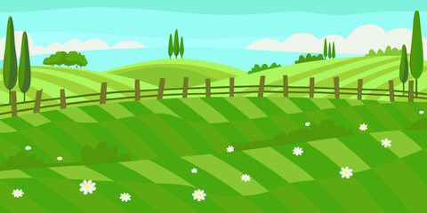 Obraz premium A cheerful cartoon landscape featuring rolling green hills and a wooden fence