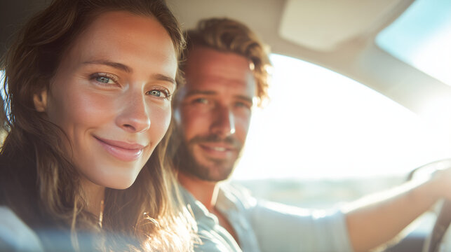 happy young couple driving together on a bright daytime road trip, smiling man and woman inside car during summer travel, cheerful newlyweds enjoying scenic drive in sunlight