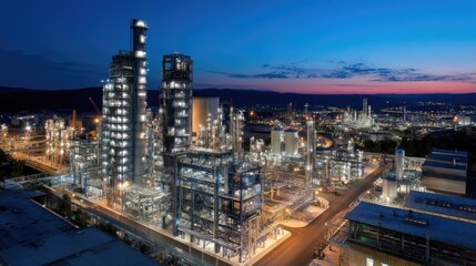 Naklejka premium Aerial View of Industrial Complex at Dusk with Bright Lights Illuminating Towers and Pipelines in a Busy Manufacturing Zone