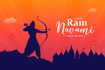 Ram Navami festival banner: A Hindu festival of Rama Navami, Banner, poster, template, post, temple, silhouette, orange, mountain, sunset.
