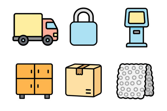 Expedition truck, Padlock, Check-in kiosk machine, Storage locker, Cardboard package box, Bubble wrap