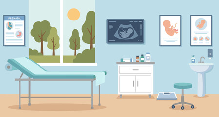 Obraz premium Clean, modern prenatal examination room is depicted with an ultrasound screen, examination table, and informative posters, featuring a bright window view
