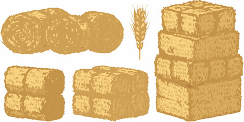 Stacked hay bales and wheat stalk illustration in golden hues © Juel