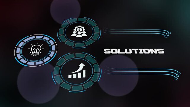 Comprehensive business solutions and innovative digital problem solving concept featuring high-tech interface icons for growth and management