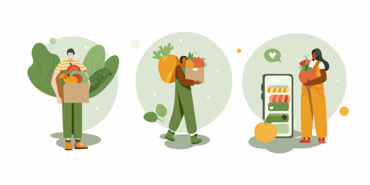 People shopping for groceries and using a food delivery application