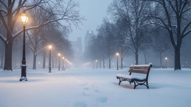 Snow-covered city park with empty benches and glowing street lamps on a winter evening