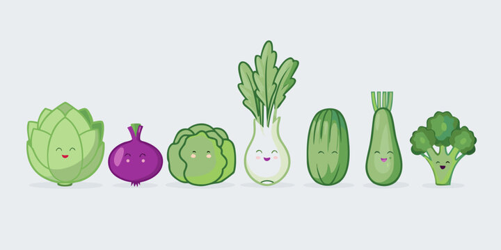 A row of smiling colorful vegetables with cute cartoon faces