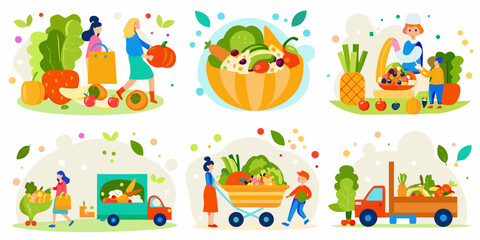 Fototapeta premium Colorful illustrations depict people enjoying fresh produce and farm to table concepts