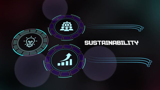 Sustainable business growth and long-term corporate responsibility concept with modern digital icons for innovation and efficient resource management.