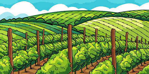 A vibrant cartoon illustration of a lush green vineyard landscape © Juel