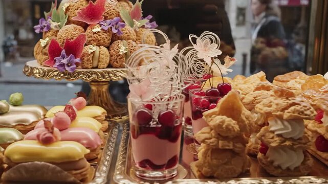 Ornate pastries and desserts elegantly displayed in a patisserie window, showcasing culinary artistry and tempting delights