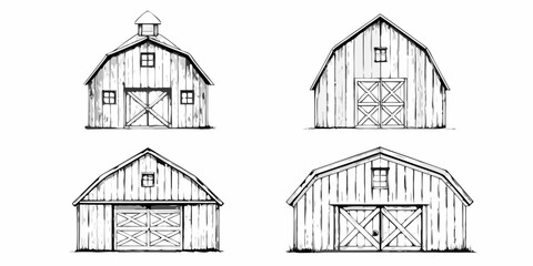 Four views of a classic rustic barn depicted in black and white © Juel