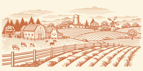 A vintage farm scene with a barn silo and grazing cattle © Juel