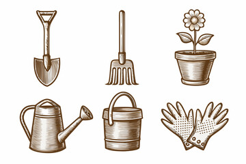 Vintage gardening tools illustration shovel rake watering can and plant © Juel