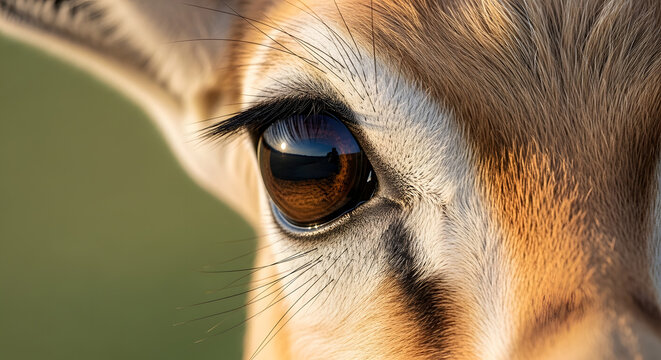 Extreme close up of gazelle eye with long lashes and sunset reflection. Generative AI