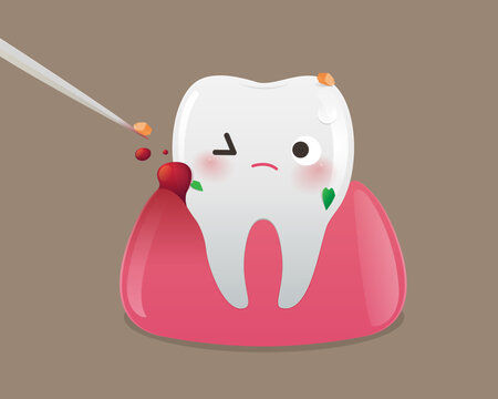 Cute cartoon tooth with bleeding gum caused by aggressive toothpick use, illustrating oral injury, gum damage, pain, and the importance of proper dental hygiene and safe cleaning habits.