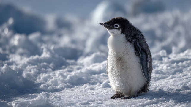 Juvenile aedile penguin standing on ice at Paulet island, Antarctica