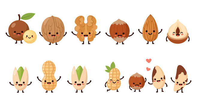 Cute cartoon nuts and peanuts arranged in a cheerful row