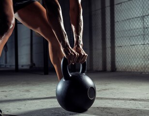 Athletic person gripping a heavy black kettlebell in a gritty gym setting