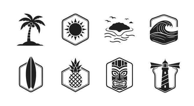 Glyph Tropical Travel and Summer Beach Icons Set with Island, Palm, Sun, Wave, Tiki Mask