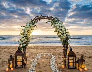 Romantic wedding arch decorated with white roses and lanterns on a sandy beach at sunset