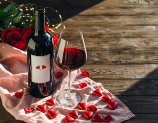 Romantic setup with a bottle of red wine, full glass, and heart-shaped chocolates on a wooden table for Valentine's Day
