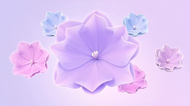 3D flowers rotating around a central purple flower in pastel colors, digital art animation, soft focus, pastel background, loopable