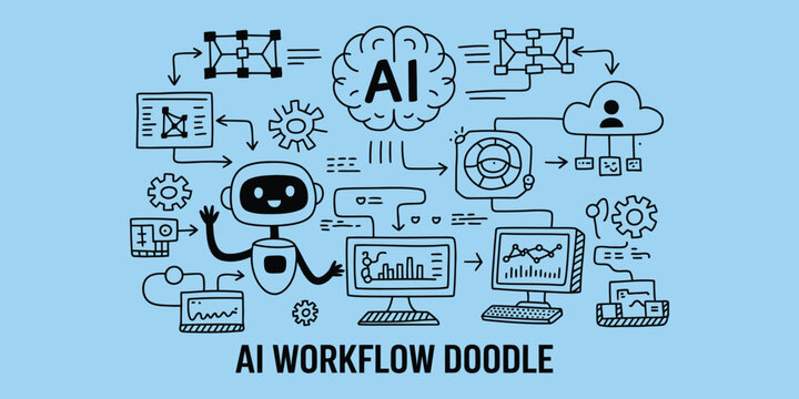 hand-drawn ai workflow doodle illustration, artificial intelligence robot neural network data flow technology sketch for creative tech projects.