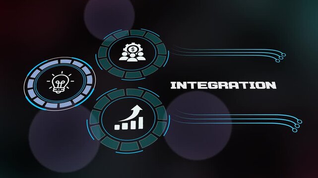 Digital Business Integration Concept with Connected Systems, Data Synchronization, Workflow Automation and Growth Analytics Dashboard.
