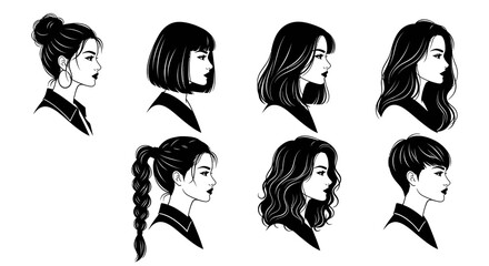 Beauty  Fashion: Diverse Women's Hairstyles  Profile Portraits - Black White Line Art Vector