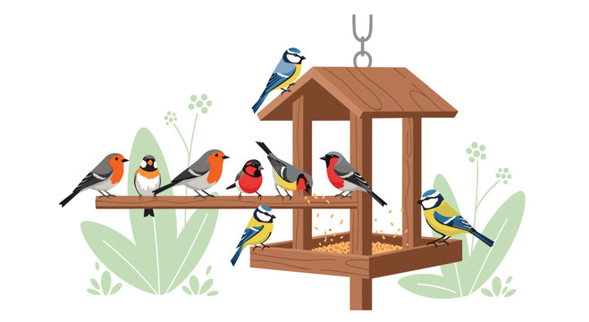Multiple small birds including robins and tits gather on and around a wooden bird feeder to eat scattered yellow seeds.