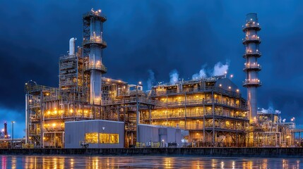 Fototapeta premium Industrial facility at dusk with bright lights reflecting on water, showcasing machinery, pipes, and structures against a dramatic cloudy sky