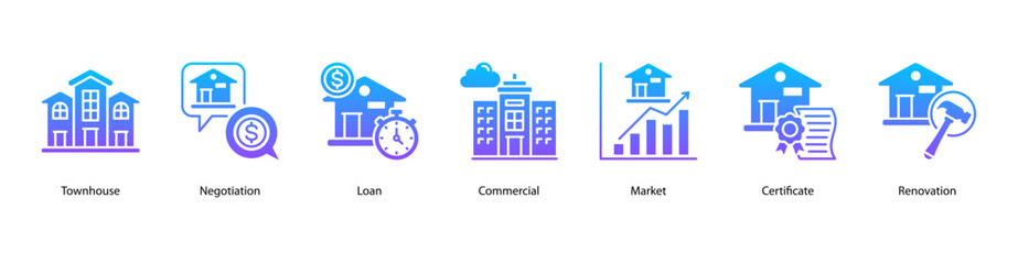 Real Estate Transactions web banner icon vector illustration featuring Townhouse, Negotiation, Loan, Commercial, Market, Certificate, and Renovation. © Dewi Sari