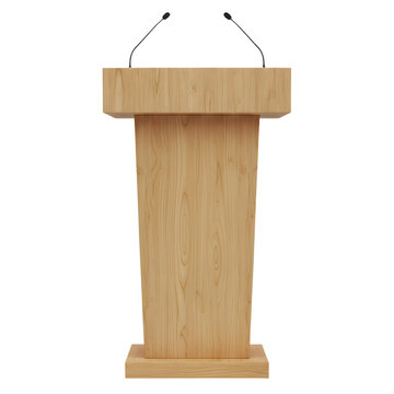 A classic wooden lectern or podium with microphones isolated on white or transparent background