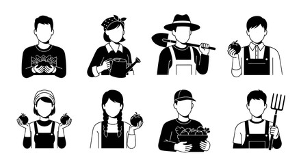 Agriculture Industry Glyph Icons: Farmers, Gardeners, Farming Tools, Fresh Produce