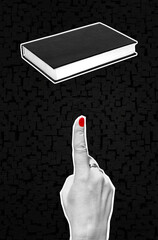 Female Hand Pointing at Black Book Cover &mdash; Minimal Concept Collage Template