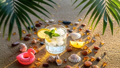 Refreshing lemonade with lemon and mint on a sunny sandy beach with tropical palm leaves and seashells