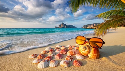 Orange sunglasses and seashells resting on sandy beach with turquoise ocean in background