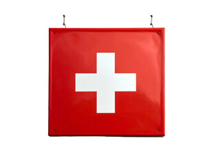 Obraz premium Square red flag with white cross, hanging on wall