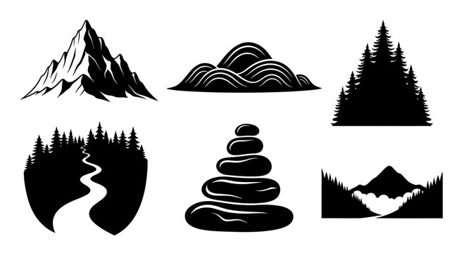 Nature  Outdoor Icons: Mountains, Forests, Zen Stones Black Silhouette Vector Set