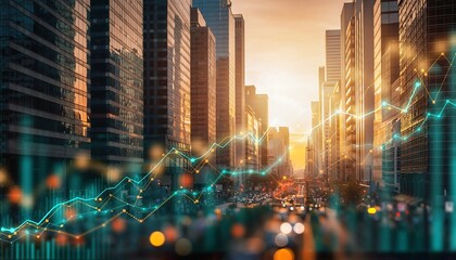 Abstract financial charts overlaying a vibrant city street with modern buildings at sunset