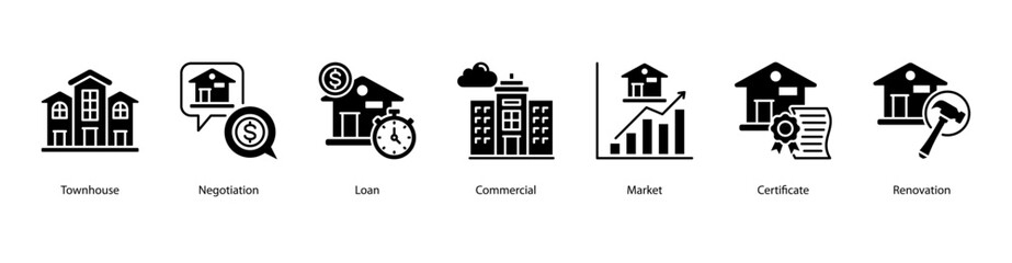 Real Estate Transactions web banner icon vector illustration featuring Townhouse, Negotiation, Loan, Commercial, Market, Certificate, and Renovation. © Dewi Sari