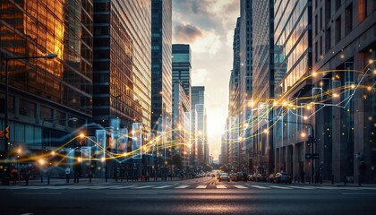 Obraz premium Illuminated financial grid lines moving across a bustling city street surrounded by tall buildings