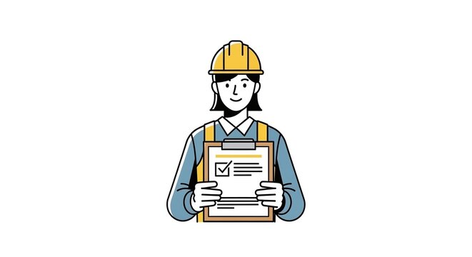 Construction worker holding clipboard documents.