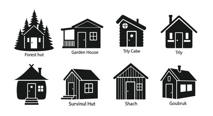 Fototapeta premium Outdoor Housing Architecture: Vector Black Silhouette Icons of Huts, Cabins, Dwellings
