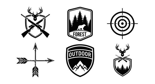 Hunting Outdoor Adventure Bear Deer Rifles Arrows Target Emblems Black White Glyph Icons